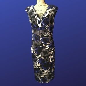 𝅺LAUREN RALPH LAUREN Empire Ruched CAP SLEEVE Dress, BLUE/GRAY/WHITE FLORAL, 10